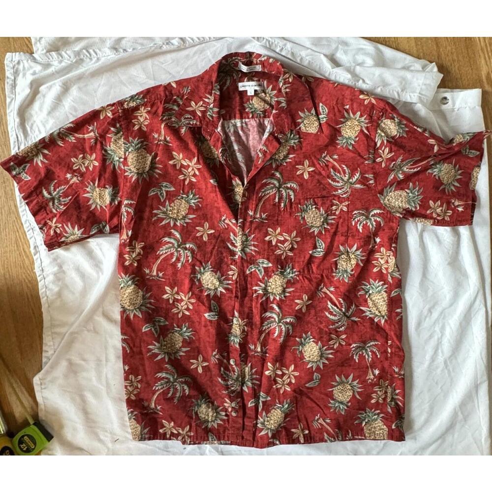 Pierre Cardin Hawaiian Tropical Pineapple Button Front Short Sleeve Shirt Size L